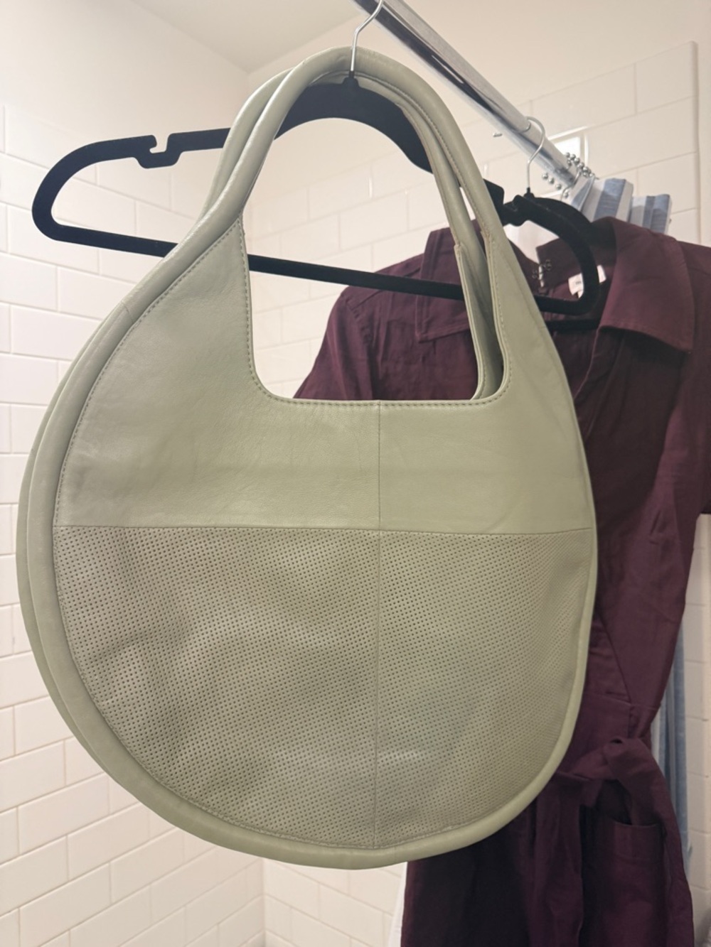 Anthropologie Sage Green Leather Crescent Hobo Bag Minimalist Quiet Luxury